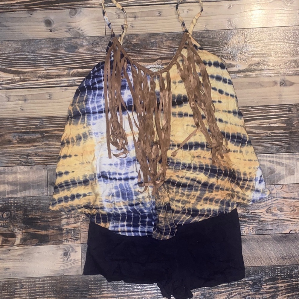 Judith March Blue and Tan short romper with fringes